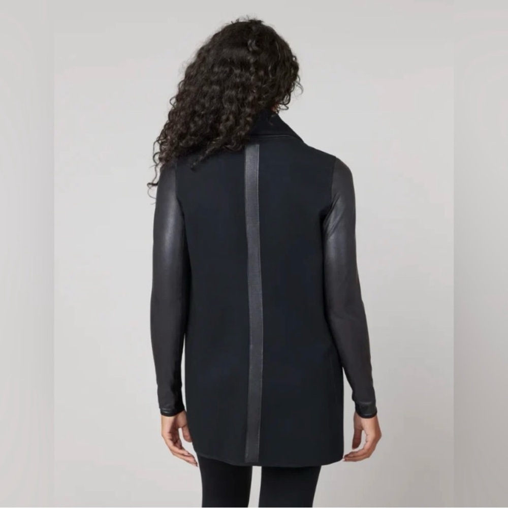 Spanx Drape Front Black Faux Leather Open Front Coat Cardigan Size XS - Picture 2 of 6